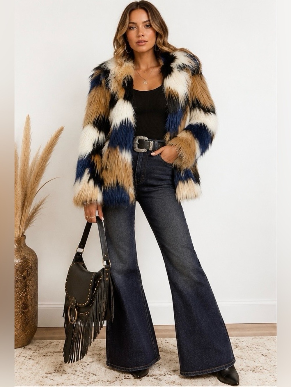 Trina Turk Multicolor Patchwork Shag Faux Fur Statement Coat Jacket S